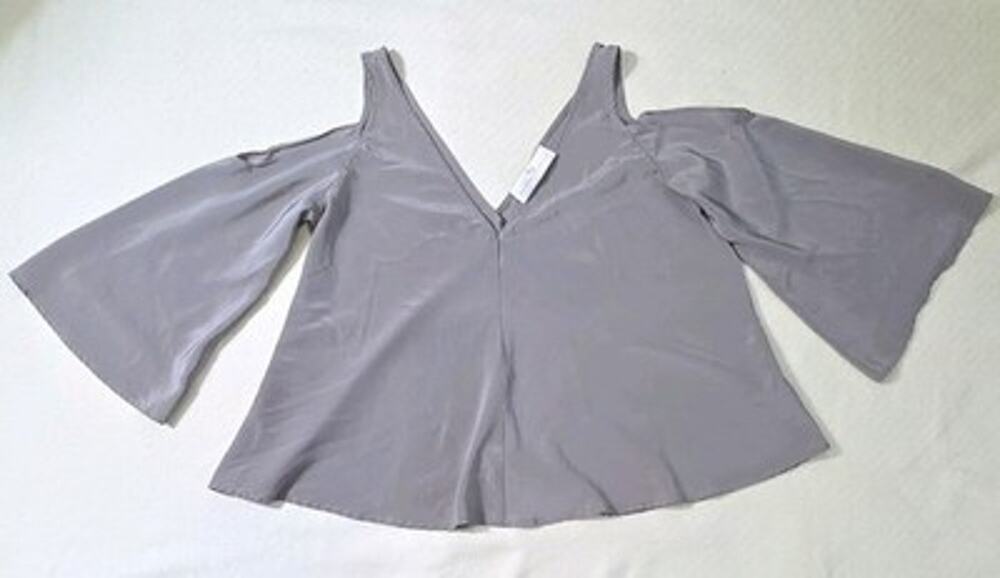 Amanda Uprichard Gray Slate 100% Silk V-Neck Cold Shoulder Bell Sleeve Blouse M